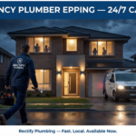 Feature Image — Rectify Plumbing technician arriving at an Epping home at night, branded van in driveway