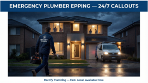Feature Image — Rectify Plumbing technician arriving at an Epping home at night, branded van in driveway
