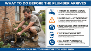 What To Do First — Homeowner shutting off the main water valve with a 5-step emergency checklist