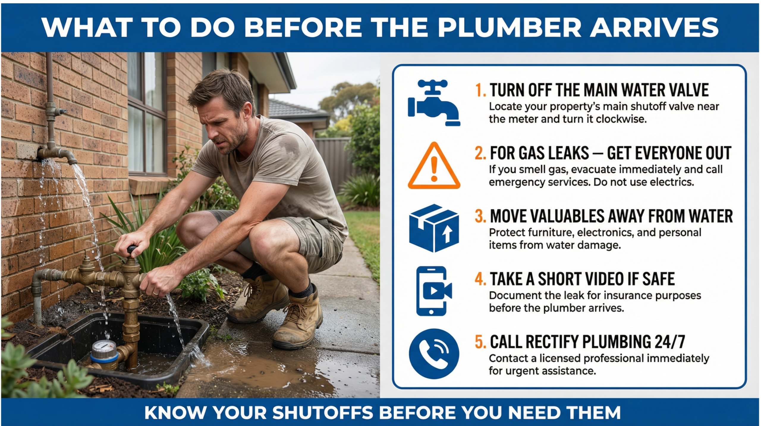 What To Do First — Homeowner shutting off the main water valve with a 5-step emergency checklist