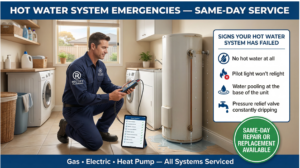 Hot Water Emergency — Rectify technician diagnosing a failed hot water system with signs & same-day service badge