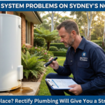 Rectify Plumbing technician inspecting a failing hot water cylinder at a leafy North Shore home, branded van in background