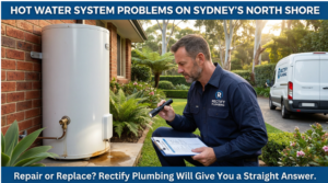 Rectify Plumbing technician inspecting a failing hot water cylinder at a leafy North Shore home, branded van in background