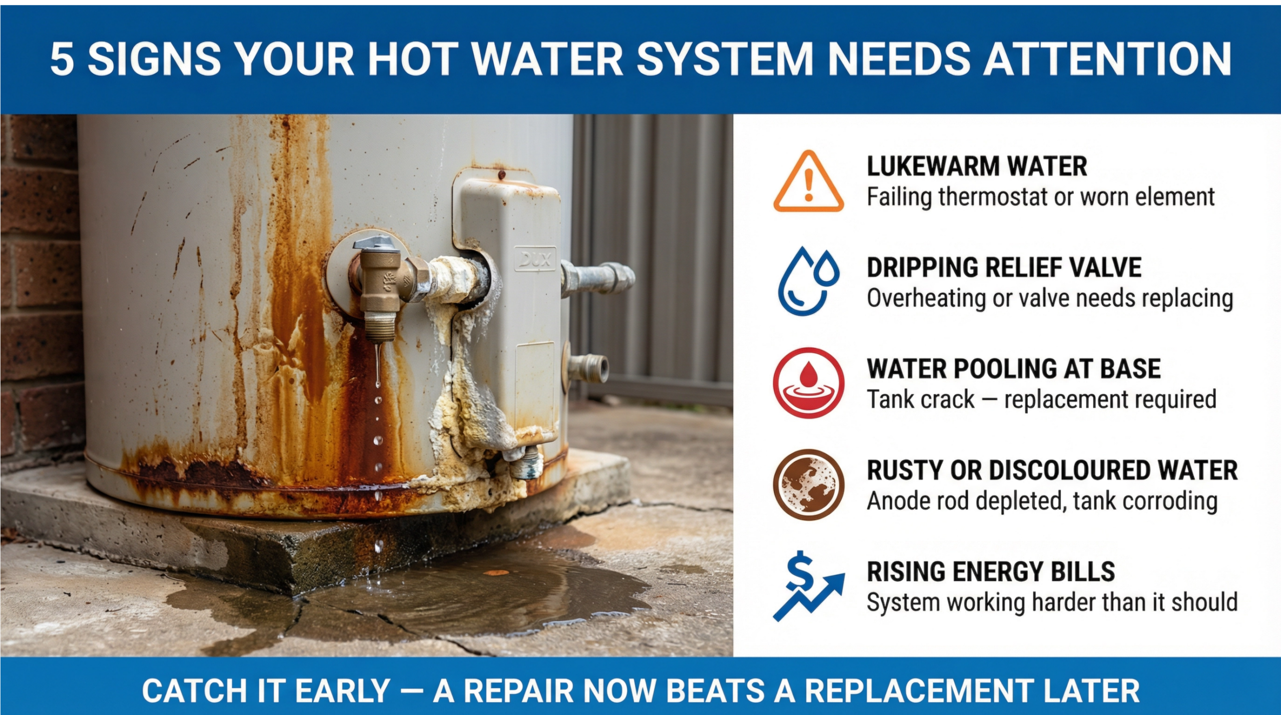 5 Warning Signs — Realistic close-up of a deteriorating hot water unit with a 5-point checklist of warning signs