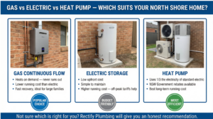 5 Warning Signs — Realistic close-up of a deteriorating hot water unit with a 5-point checklist of warning signs