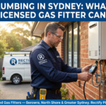 Stunning Before/After bathroom split with a confident Rectify Plumbing technician standing at the centre, clipboard in hand