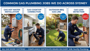 Plumbing Scope — Rectify technician doing precise rough-in floor waste work in a stripped-back bathroom, with a 3-stage process panel (Rough-In → Hot Water → Fit-Off)
