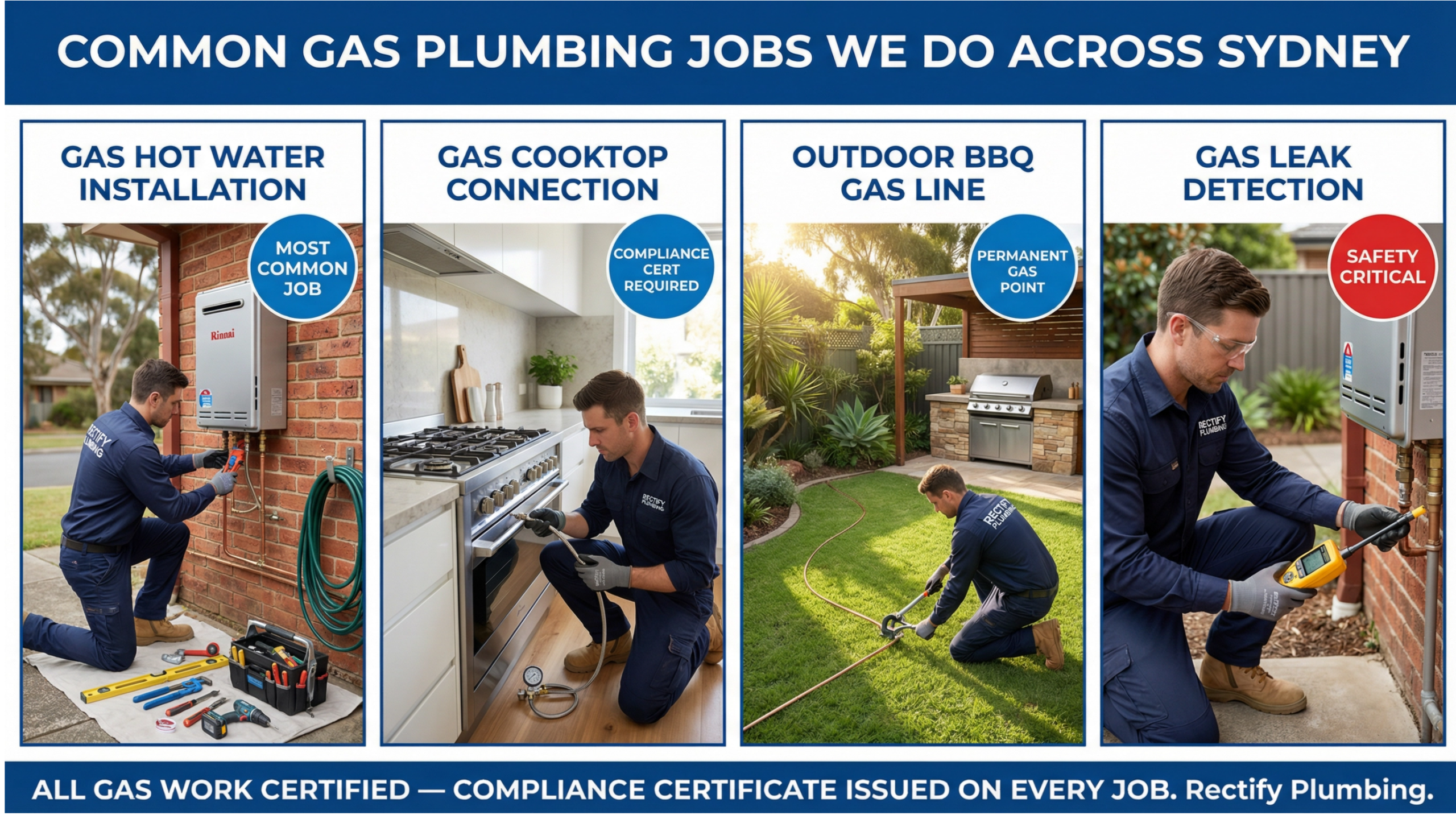 Plumbing Scope β Rectify technician doing precise rough-in floor waste work in a stripped-back bathroom, with a 3-stage process panel (Rough-In β Hot Water β Fit-Off)