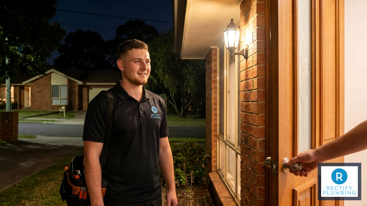Licensed emergency plumber arriving at Epping NSW home at night for 24-hour callout
