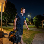 Licensed emergency plumber arriving at Epping NSW home at night for 24-hour callout