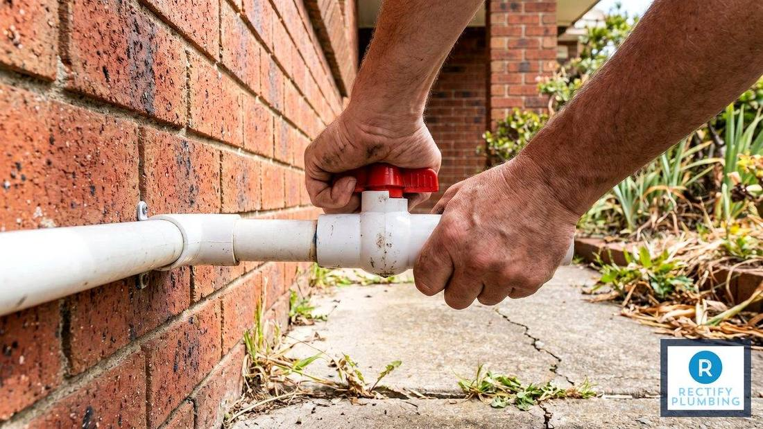 Homeowner turning off main water shutoff valve during plumbing emergency at Epping NSW property