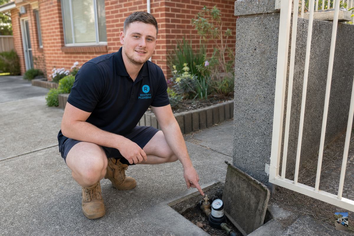 Licensed plumber showing homeowner how to locate and turn off the main water shutoff valve at Berowra Heights property