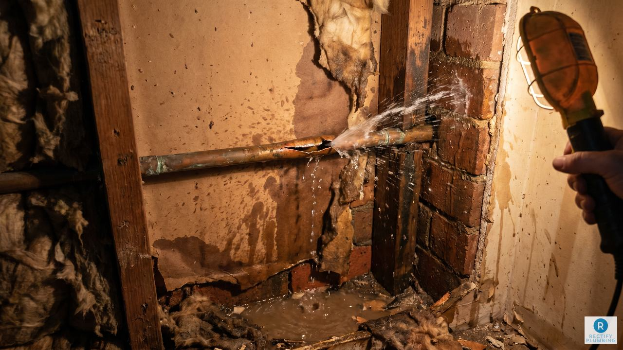 Burst copper pipe causing water damage inside wall of Hornsby NSW home — emergency plumbing situation