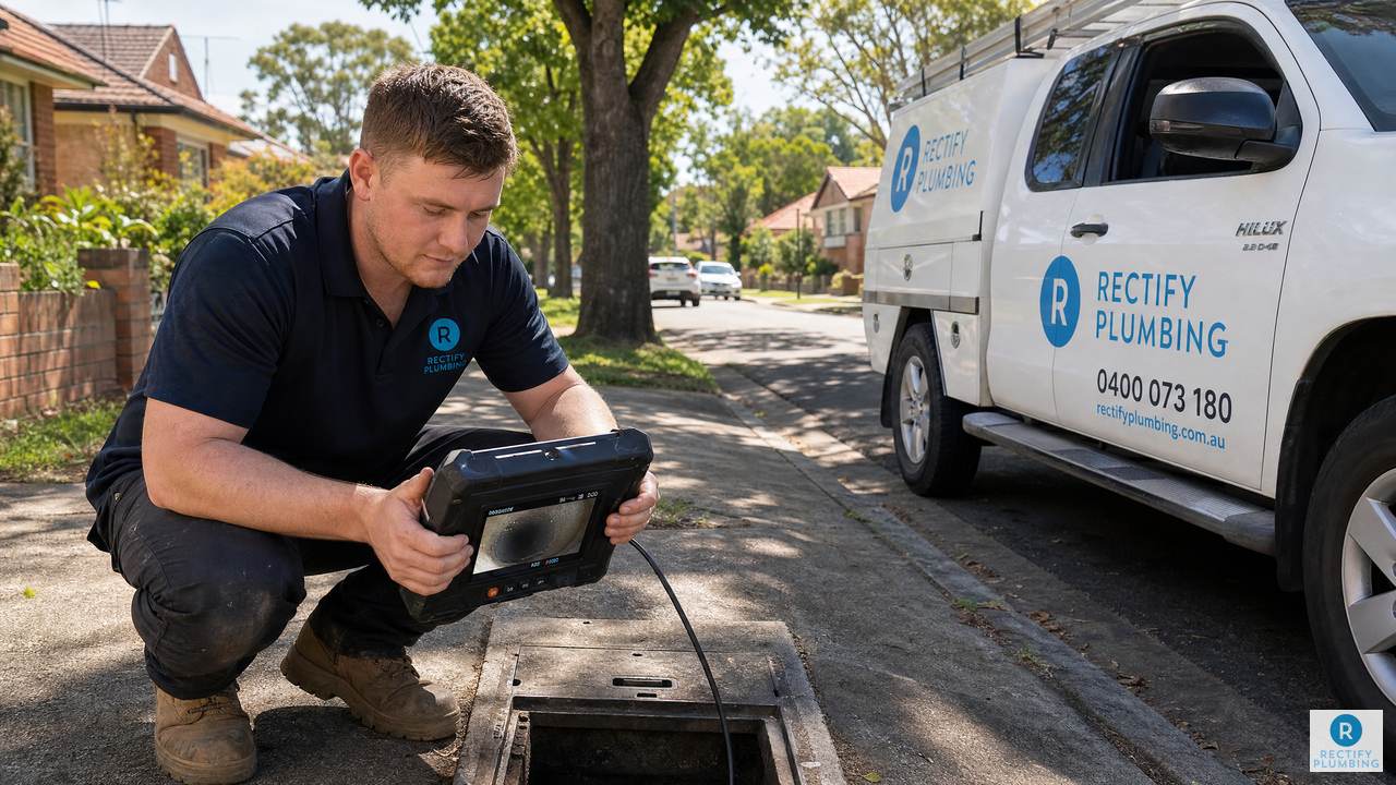 : Licensed plumber using CCTV drain camera in Epping NSW to determine if blocked drain is private or council responsibility