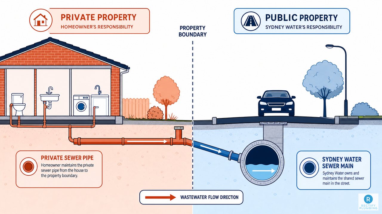 Diagram showing private drain responsibility versus Sydney Water and council responsibility for Epping NSW properties