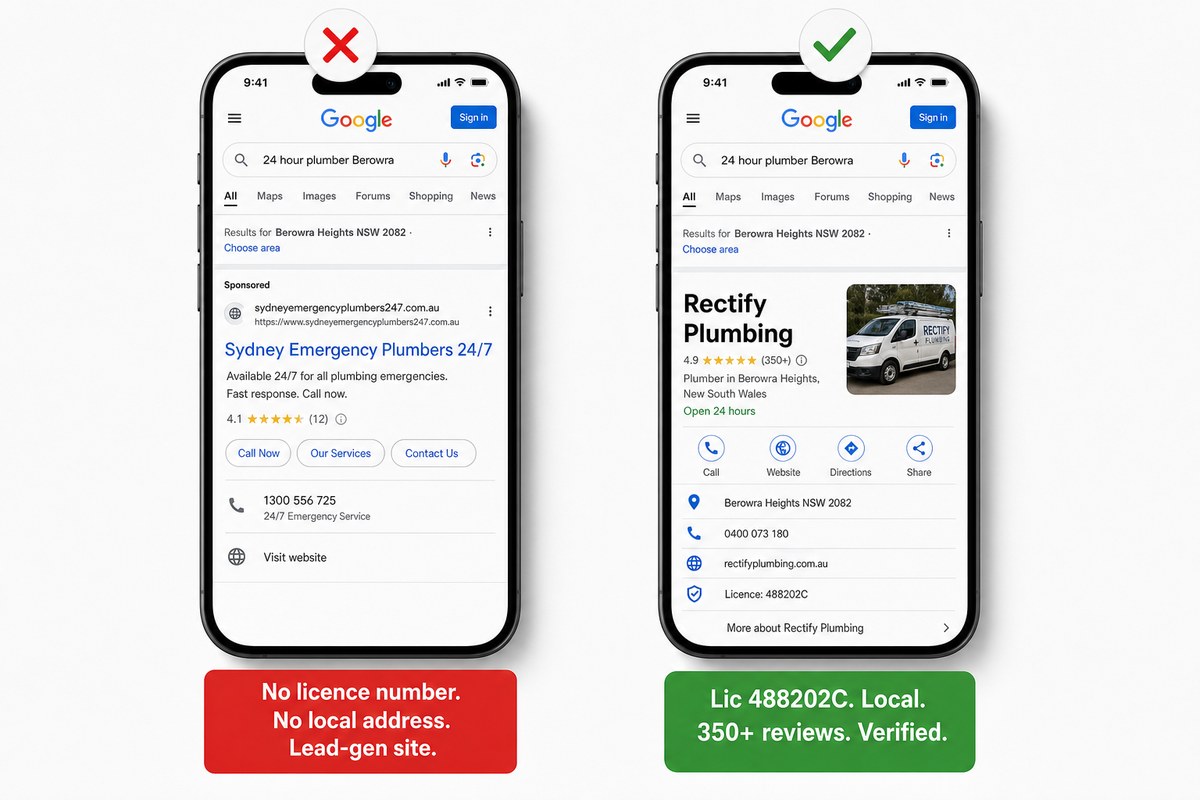 Fake national lead-gen plumber Google result versus verified Rectify Plumbing local Google Business Profile — how to spot a real Berowra plumber