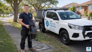 Rectify Plumbing plumber on Epping NSW footpath with CCTV drain camera reel and branded ute — blocked drain council responsibility specialist