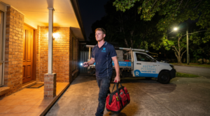 Emergency plumber arriving at Hornsby NSW home at night for burst pipe callout — Rectify Plumbing 24/7
