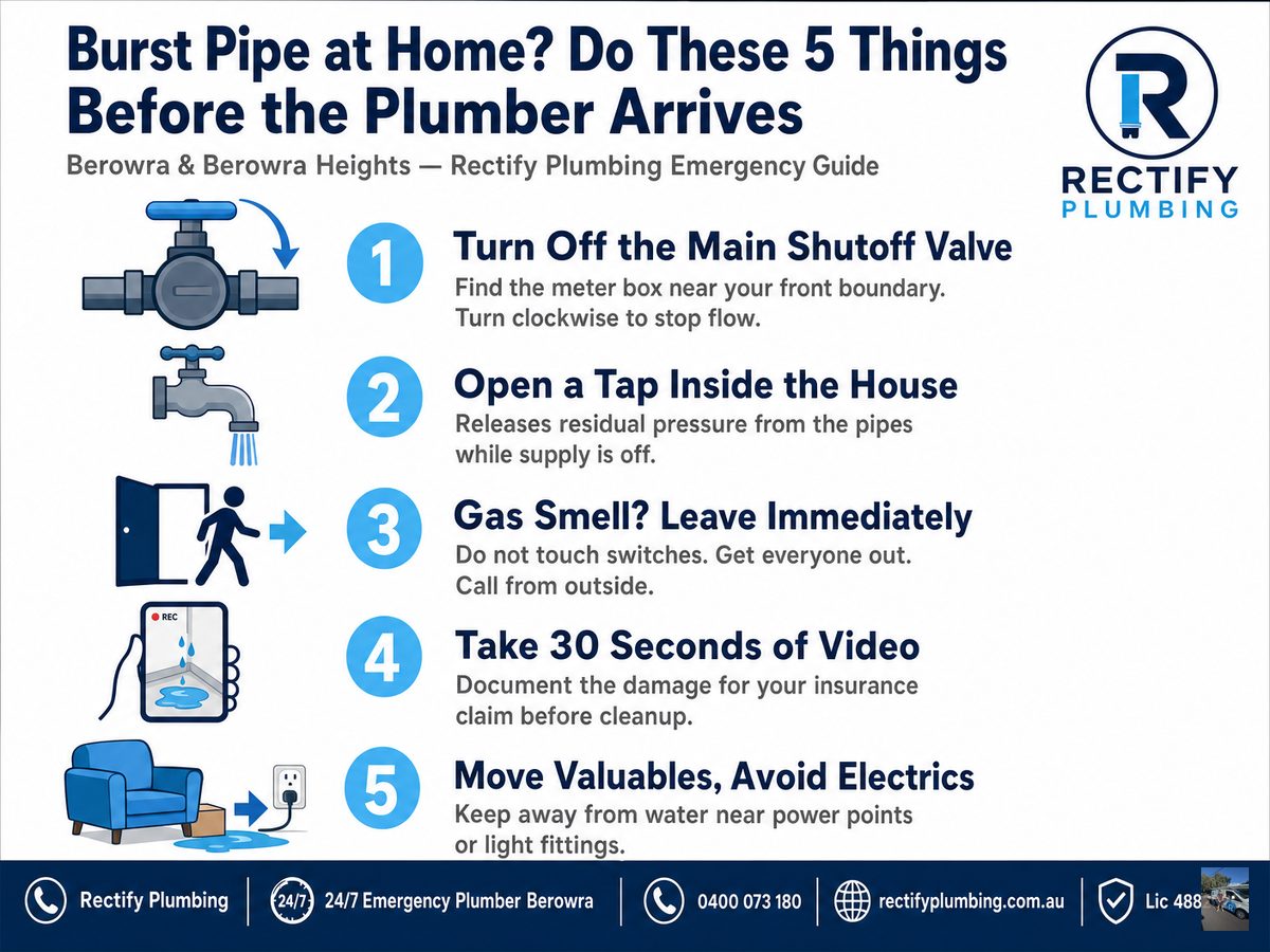 Burst pipe emergency checklist — 5 things to do before the plumber arrives at your Berowra or Berowra Heights home
