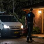 Rectify Plumbing branded van arriving at Berowra Heights home at night — 24/7 emergency plumber Berowra NSW