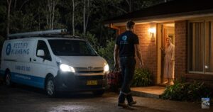 Rectify Plumbing branded van arriving at Berowra Heights home at night — 24/7 emergency plumber Berowra NSW