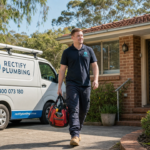 Licensed gas fitter Hornsby — Rectify Plumbing van with NSW Fair Trading Lic 488202C decal outside Hornsby home