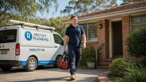Licensed gas fitter Hornsby — Rectify Plumbing van with NSW Fair Trading Lic 488202C decal outside Hornsby home