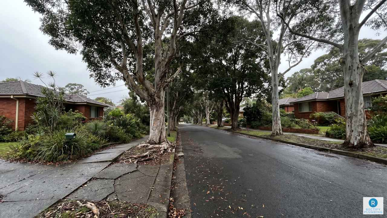 Hornsby NSW residential street showing established native tree canopy over 1960s homes — source of clay pipe root intrusion and blocked drains