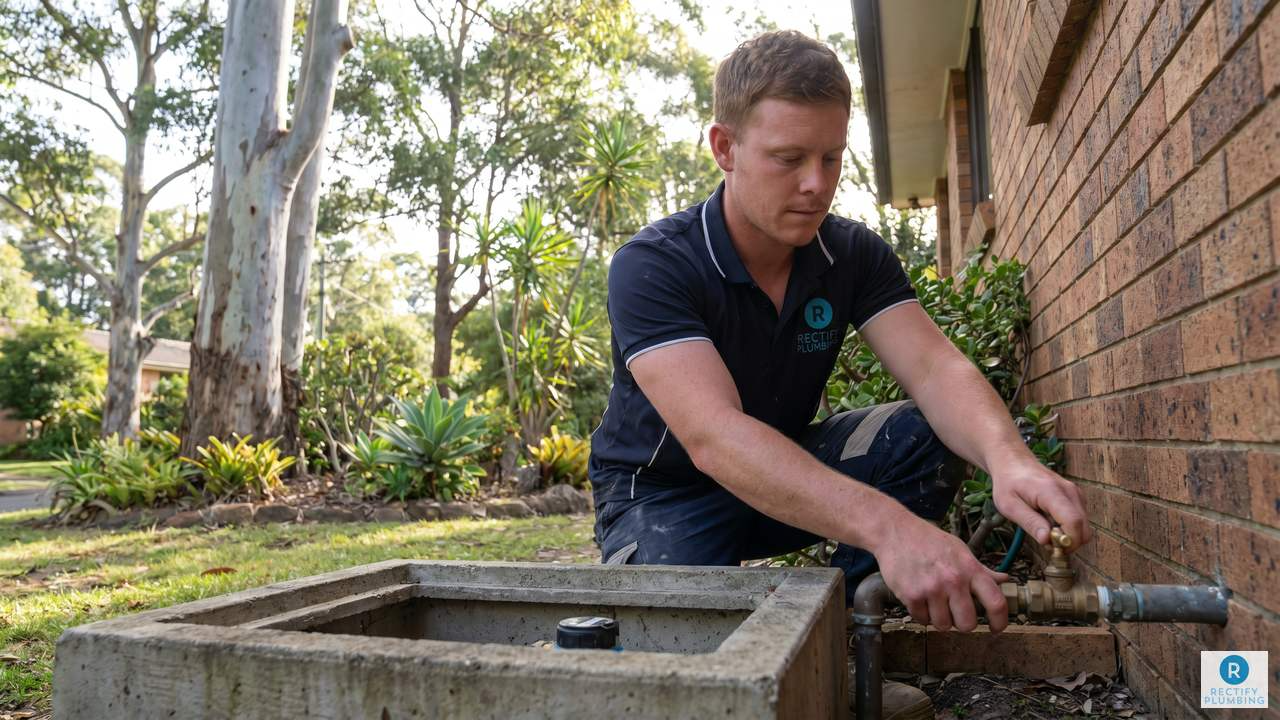 Licensed plumber turning off main water shutoff valve at Hornsby Heights home during burst pipe emergency