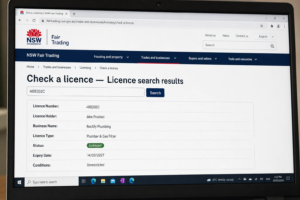 NSW Fair Trading licence check showing 488202C — Jake Frustaci Rectify Plumbing Plumber & Gas Fitter status Current