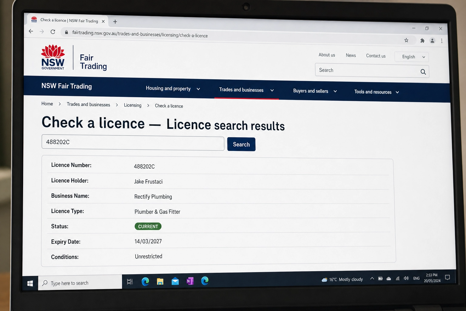 NSW Fair Trading licence check showing 488202C — Jake Frustaci Rectify Plumbing Plumber & Gas Fitter status Current