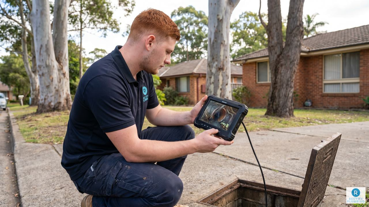 Licensed plumber reviewing CCTV drain camera footage showing root intrusion at Hornsby NSW property — blocked drain diagnosis