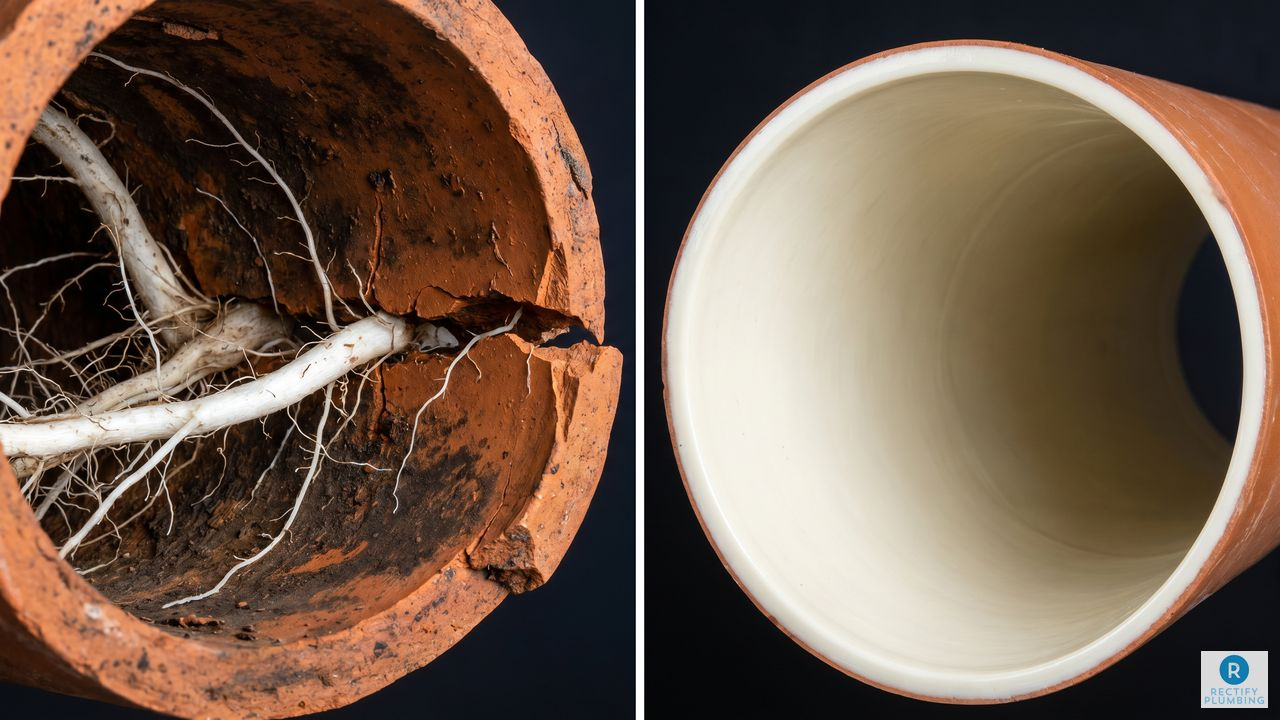Cracked terracotta drain pipe with root intrusion versus smooth pipe relining interior — Hornsby NSW blocked drain permanent fix