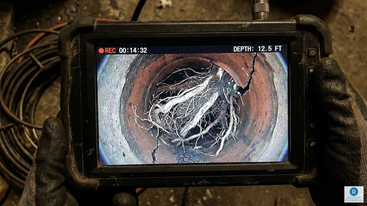 CCTV drain camera showing tree root intrusion inside clay drain pipe at Hornsby NSW property