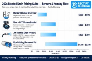 2026 blocked drain pricing guide Berowra and Hornsby Shire — bar chart showing standard clear, CCTV camera, jet blasting and pipe relining cost ranges