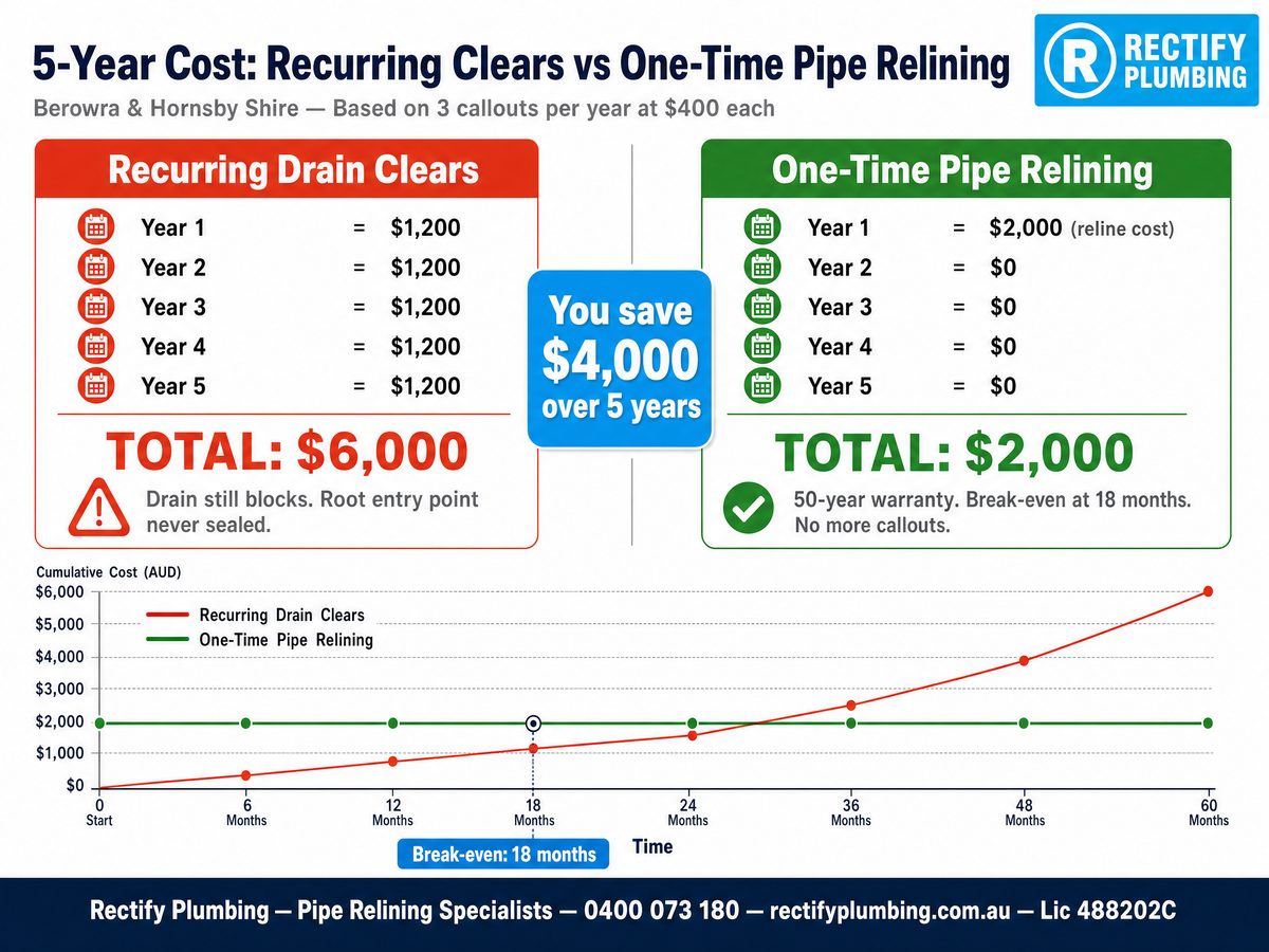 5-year cost comparison for Berowra and Hornsby Shire homeowners — recurring blocked drain clears $6,000 versus one-time pipe relining $2,000 with 18-month break-even