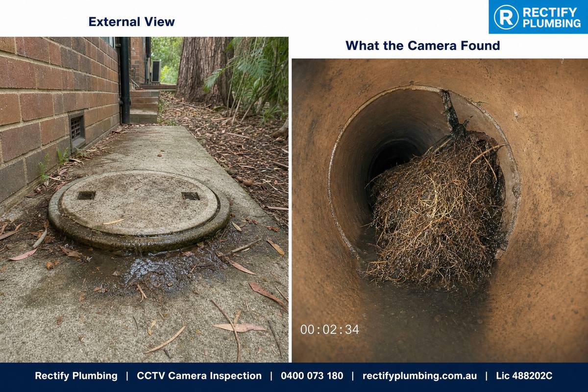External blocked drain inspection opening at Berowra Heights home versus CCTV camera footage showing tree root intrusion inside clay pipe — Hornsby Shire drain diagnosis
