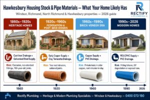 Hawkesbury housing stock and pipe materials by era — 1860s heritage cast iron to 2026 modern PEX guide for Windsor NSW homeowners