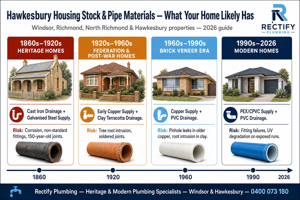 Hawkesbury housing stock and pipe materials by era — 1860s heritage cast iron to 2026 modern PEX guide for Windsor NSW homeowners