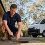 Rectify Plumbing plumber feeding CCTV drain camera cable into external drain access at Berowra Heights home — blocked drain specialist Hornsby Shire