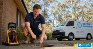 Rectify Plumbing plumber feeding CCTV drain camera cable into external drain access at Berowra Heights home — blocked drain specialist Hornsby Shire