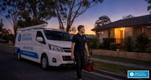 Rectify Plumbing van on Wyoming NSW street at twilight — local Central Coast emergency plumber 24/7 Gosford
