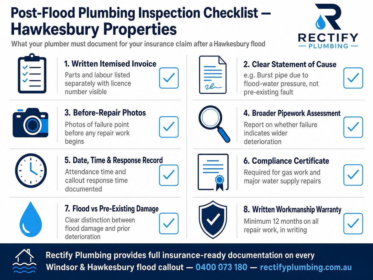 Post-flood plumbing inspection checklist for Hawkesbury properties — 8 items your plumber must document for insurance claims