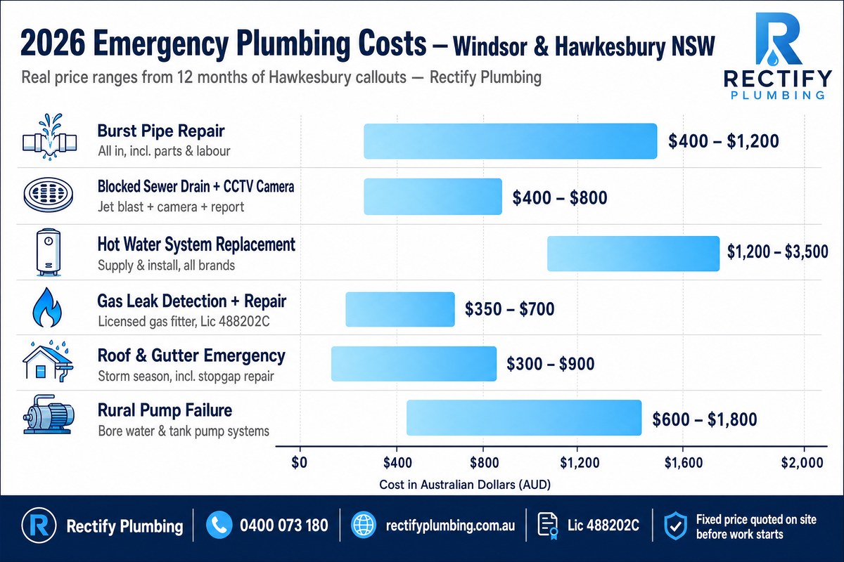 2026 emergency plumbing cost guide Windsor and Hawkesbury NSW — 6 job types with real price ranges from Rectify Plumbing