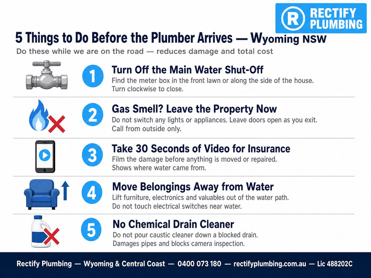 5 things to do before the emergency plumber arrives at your Wyoming NSW home — burst pipe and blocked drain checklist