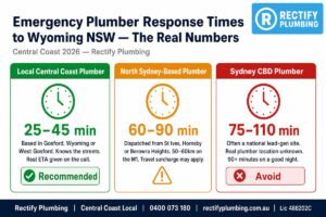 Emergency plumber response times to Wyoming NSW — local Central Coast 25-45 min vs North Sydney 60-90 min vs Sydney CBD 75-110 min