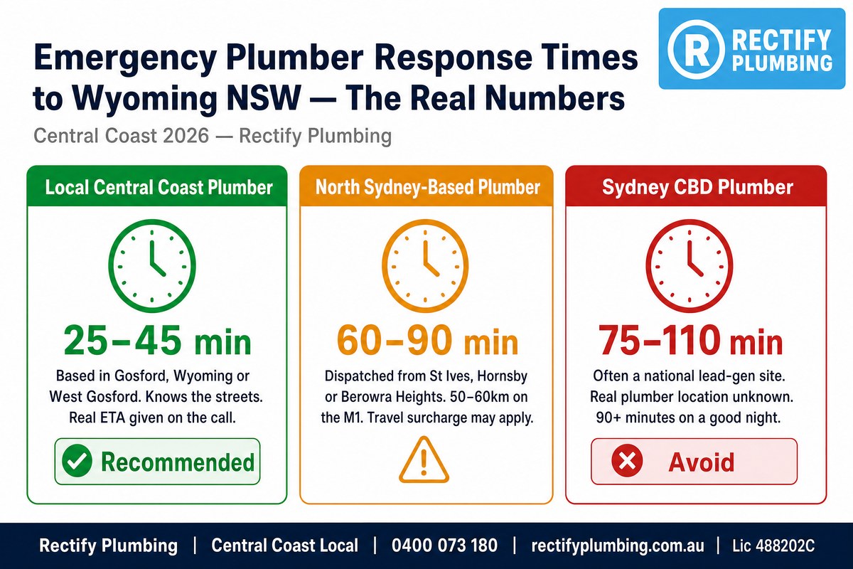 Emergency plumber response times to Wyoming NSW — local Central Coast 25-45 min vs North Sydney 60-90 min vs Sydney CBD 75-110 min