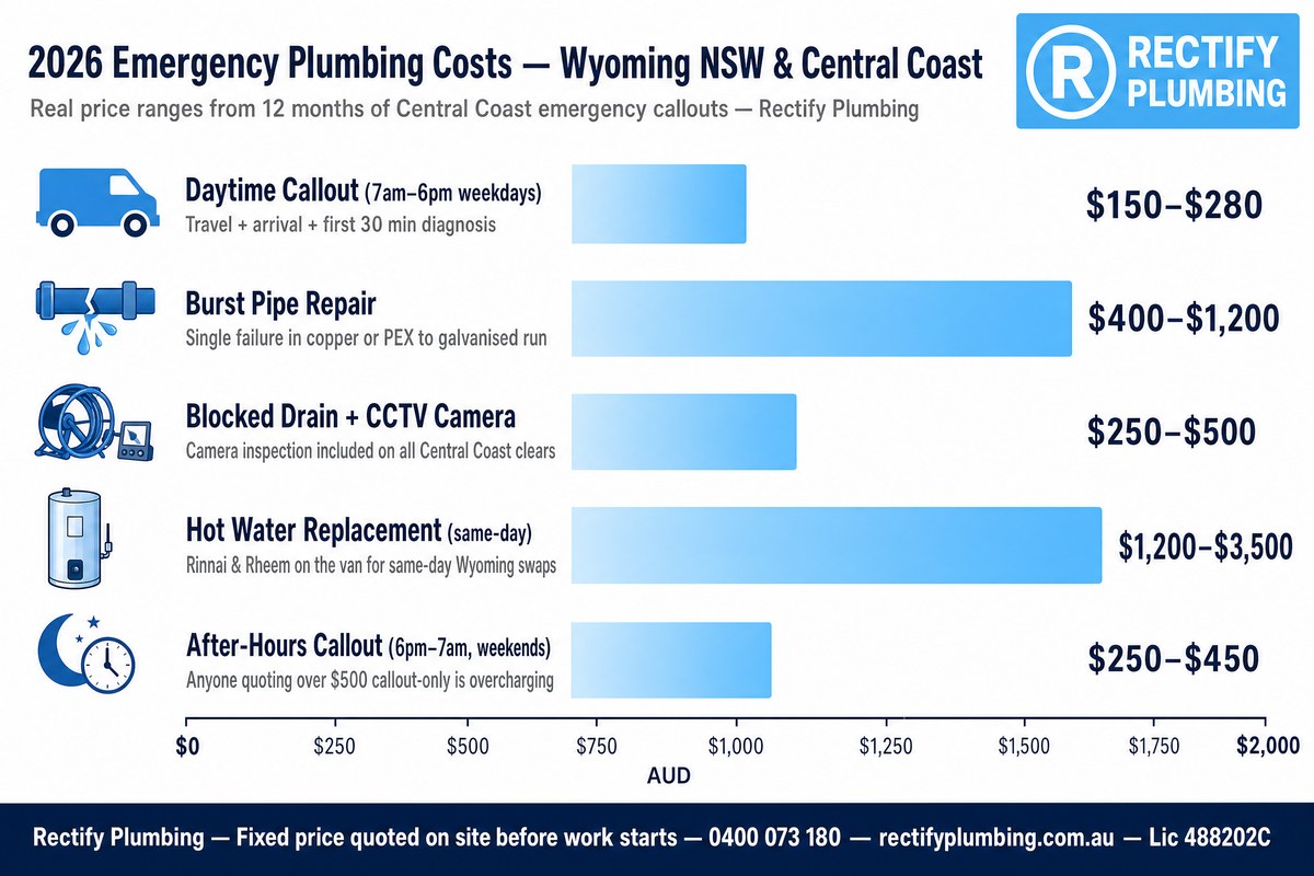 026 emergency plumbing costs Wyoming NSW and Central Coast — 5 common job price ranges from Rectify Plumbing