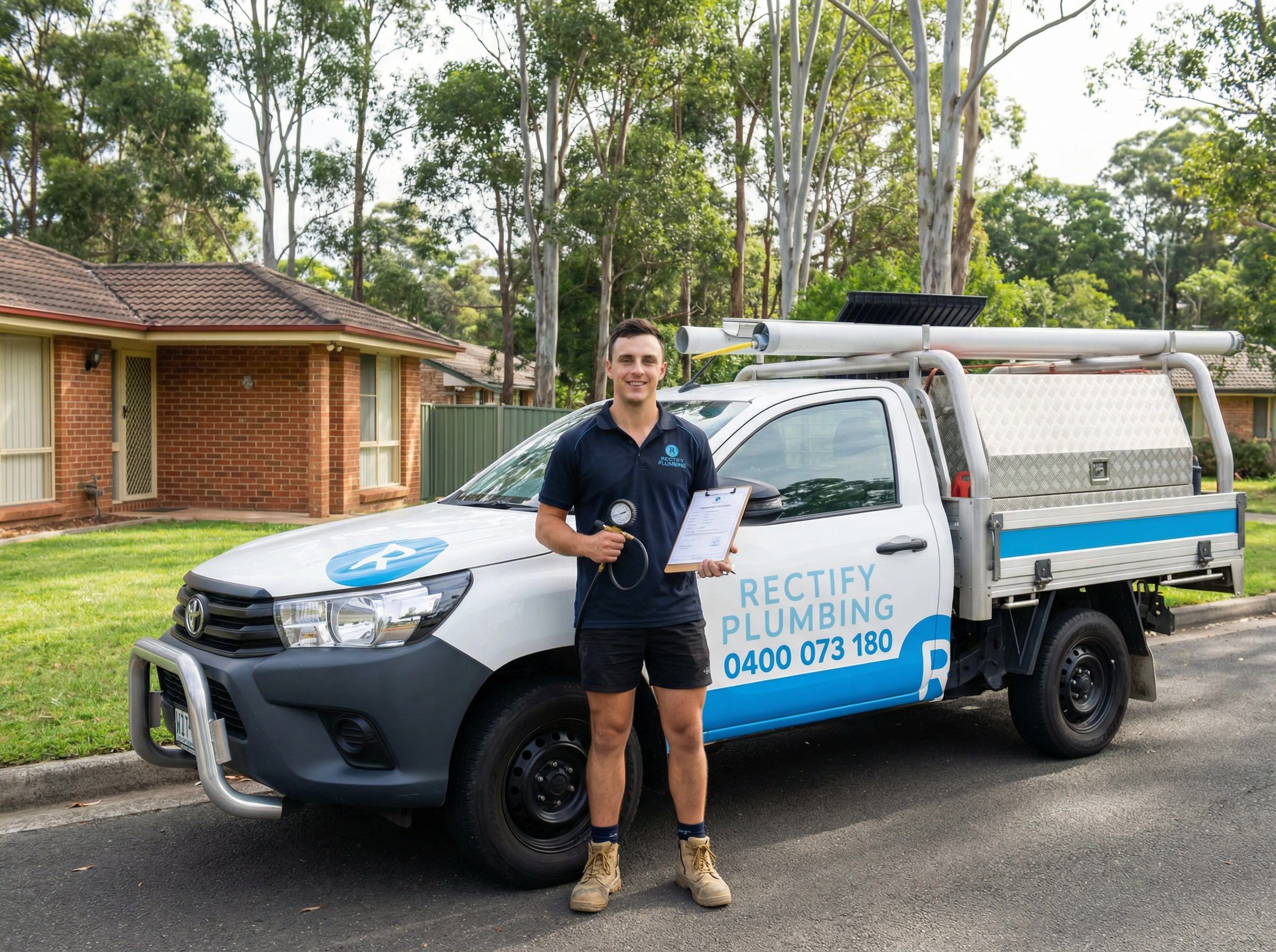 Rectify Plumbing team in branded uniform beside a company ute in Sydney