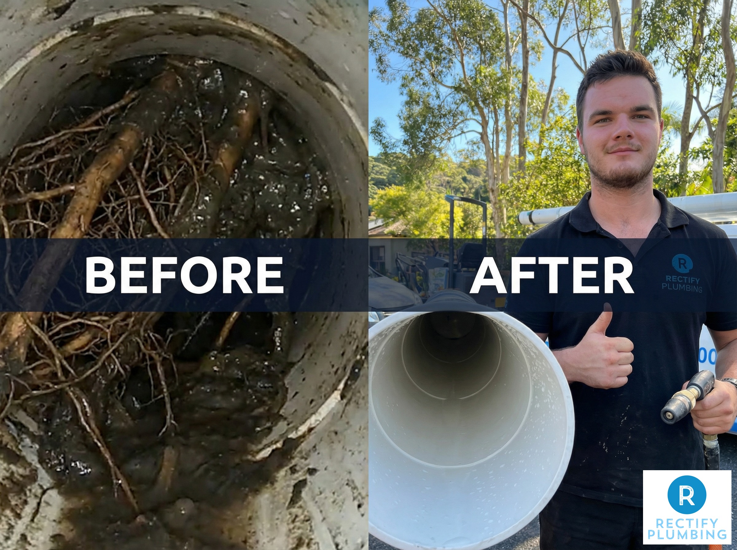 Rectify Plumbing before and after photo of a Sydney sewer pipe blocked by tree roots and the same pipe cleared